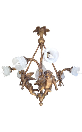 Gran araña Napoleón III estilo con ángeles y 6 tulipanes transparentes