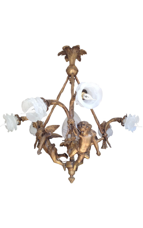 Grande lampadario in stile Napoleone III con putti e 6 tulipani trasparenti