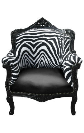 Cadeira de braço "príncipe" estilo barroco simili couro preto e zebra de volta e madeira preta