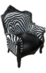Armchair "prins" Barock stil zebra och svart faux lather med svart lackerat trä