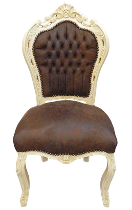 Barocker Rokoko-Stuhl aus schokoladenfarbenem Wildleder und beigem Holz
