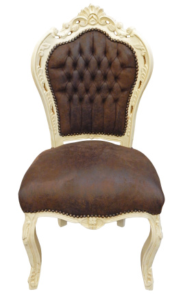 Silla de estilo rococo barroco chocolate suede y madera beige