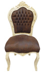 Stuhl im Barock-Rokoko-Stil, Schokoladen-Wildleder und beiges Holz