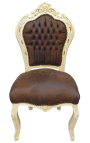 Silla de estilo rococo barroco chocolate suede y madera beige