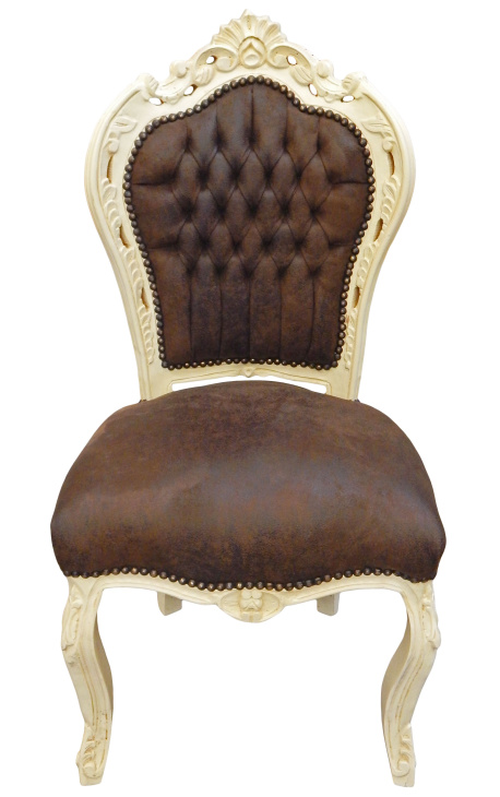 Barokk stol i rokokkostil sjokolade semsket skinn og beige tre