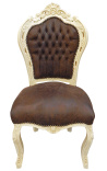 Chaise de style Baroque Rococo tissu chocolat et bois beige