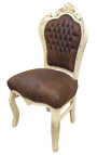 Barokní rokoková židle z čokoládového semiše a béžového dřeva
