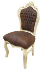 Silla de estilo rococo barroco chocolate suede y madera beige