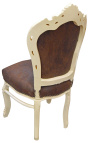 Silla de estilo rococo barroco chocolate suede y madera beige