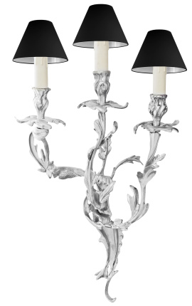 Stor væglampe 3 lampetter Louis XV rokoko stil forsølvet bronze