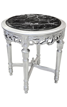 Round Louis XVI style black marble side table with silver wood