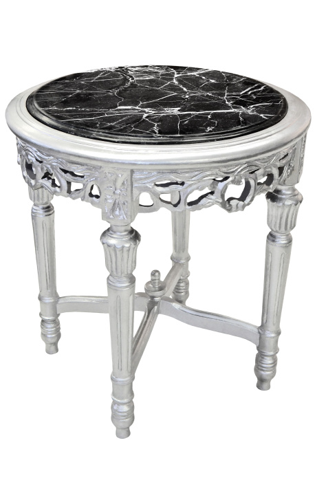 Round Louis XVI style black marble side table with silver wood