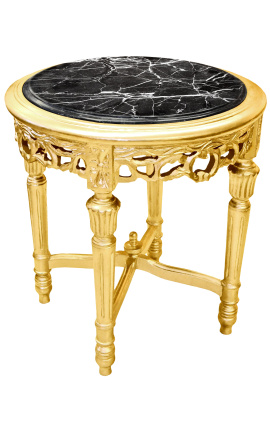 Mesa lateral de mármol negro estilo redondo Luis XVI con madera dorada