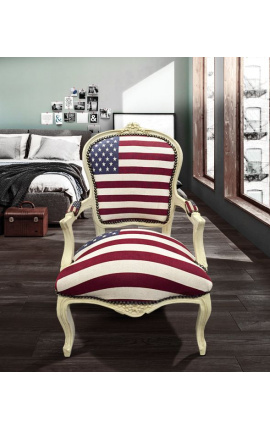 &quot;American Flag&quot; baroque armchair of Louis XV style and beige wood