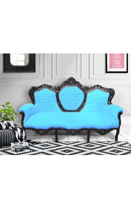 Canapé baroque tissu velours turquoise et bois laqué noir