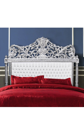 Barock sänggavel, vitt tyg i konstläder och strass med försilvrat trä