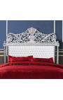 Barock sänggavel, vitt tyg i konstläder och strass med försilvrat trä