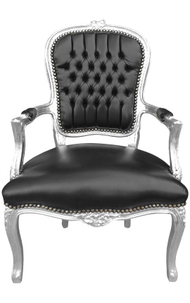 Baroka stila Louis XV stila atzveltnes krēsls no melna ādas un sudraba koka