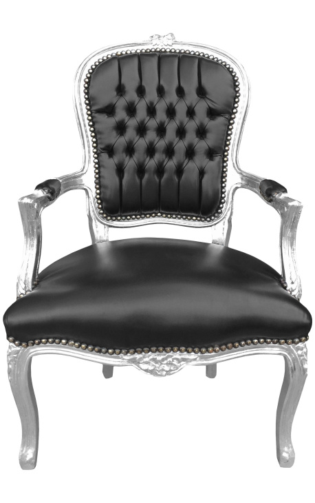 Baroque armchair of style Louis XV black leatherette and silver wood