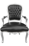 Fauteuil barok Louis XV-stijl zwart kunstleer en zilverkleurig hout