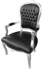 Baroque armchair of style Louis XV black leatherette and silver wood