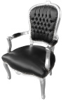 Fauteuil baroque de style Louis XV simili cuir noir et bois argent