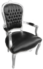 Fauteuil baroque de style Louis XV simili cuir noir et bois argent