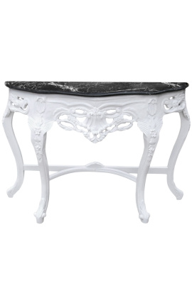 Console de style baroque en bois laqué blanc et marbre noir