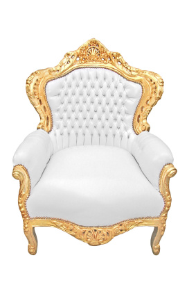 Duży fotel w stylu barokowym, biała ekoskóra i złote drewno