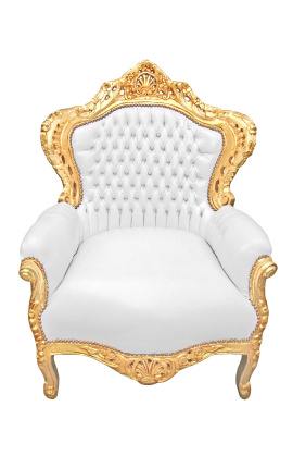 Gran sillón de estilo barroco de cuero blanco y madera de oro