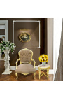 Mesa lateral de mármol beige de estilo redondo con madera dorada