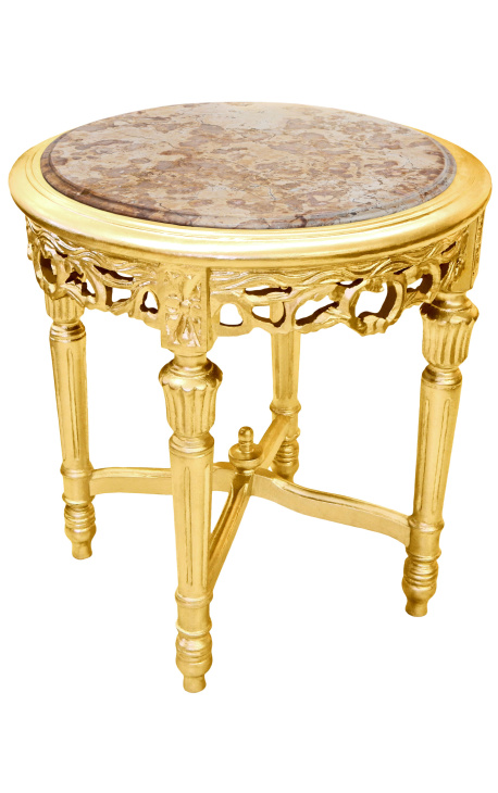 Round Louis XVI style beige marble side table with gilt wood