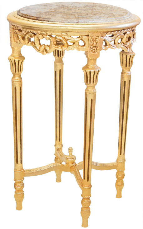 Vysoký pěkný kulatý zlatý květinový stůl z béžového mramoru ve stylu Ludvíka XVI