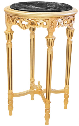 Wysoki ładny okrągły złoty stolik w stylu Ludwika XVI z czarnego marmuru