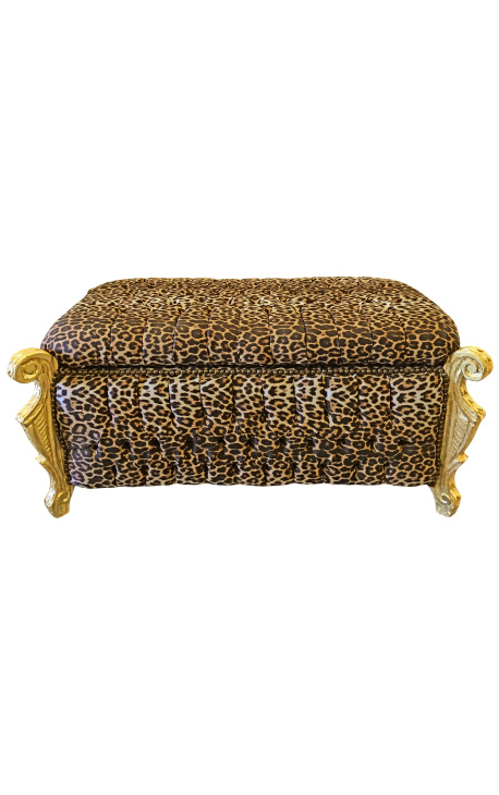Grande banquette coffre baroque de style Louis XV tissu léopard et bois doré