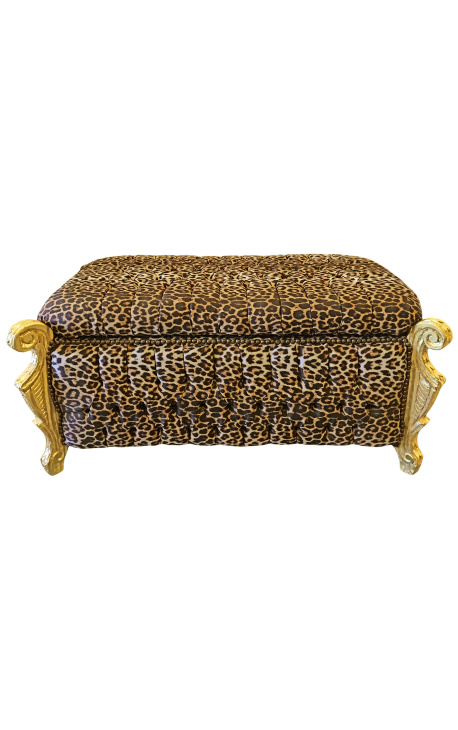 Big baroque bench trunk Louis XV style leopard fabric and gold wood