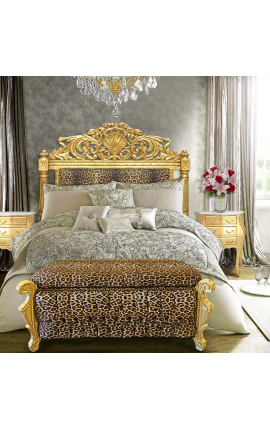 Grande banco baú barroco em tecido leopardo estilo Luís XV e madeira dourada