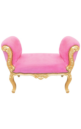 Barock Louis XV bänk rosa sammetstyg och guldträ 