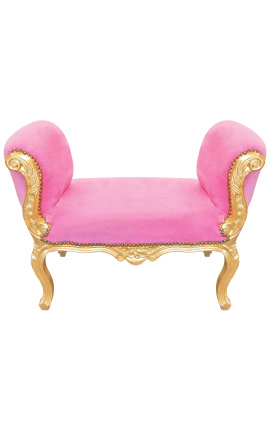 Banco barroco em tecido de veludo rosa estilo Luís XV e madeira dourada