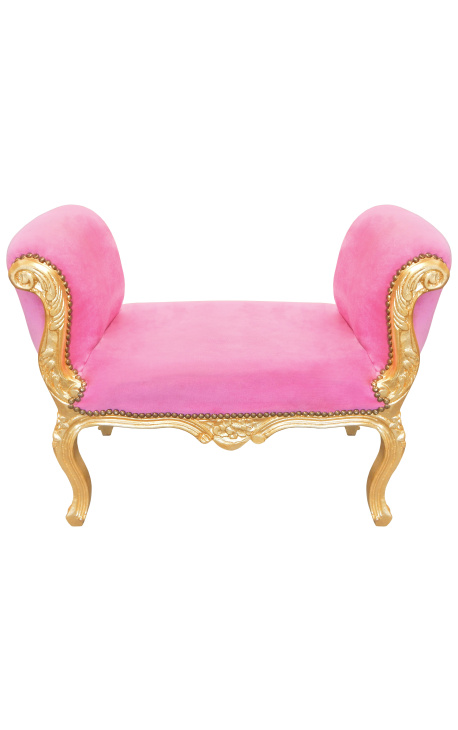 Barocke Louis XV-Bank aus rosa Samtstoff und goldenem Holz 