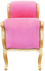 Barokowa ławka Ludwika XV różowa aksamitna tkanina i złote drewno 