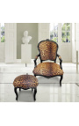 Baroque footrest Louis XV leopard texture and lacquered black wood