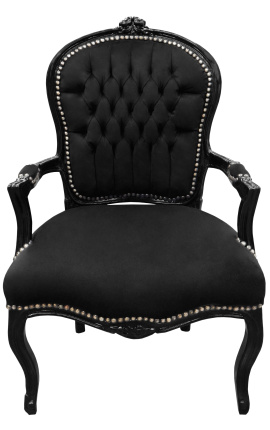 Barocker Sessel aus schwarzem Samtstoff im Louis XV-Stil und glänzend schwarzem Holz