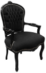 Barokna fotelja od crne baršunaste tkanine u stilu Luja XV i crnog lakiranog drva