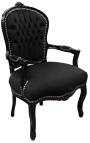 Fauteuil baroque de style Louis XV velours noir et bois noir