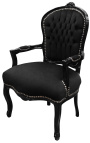 Barokke fauteuil van zwarte fluwelen stof in Lodewijk XV-stijl en zwart gelakt hout