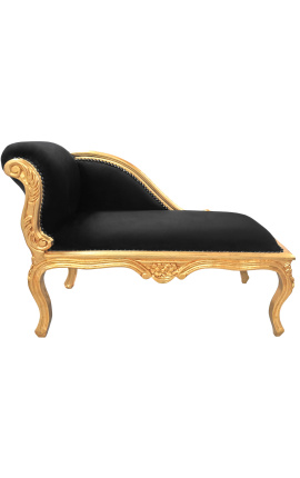 Louis XV lovice longue černá sametová tkanina a zlaté dřevo
