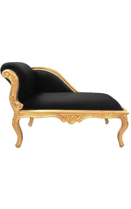 Espreguiçadeira estilo Luís XV em tecido de veludo preto e madeira dourada