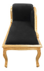 Espreguiçadeira estilo Luís XV em tecido de veludo preto e madeira dourada