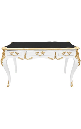 Gran escritorio estilo barroco Luis XV con 3 cajones, blanco, bronces de oro